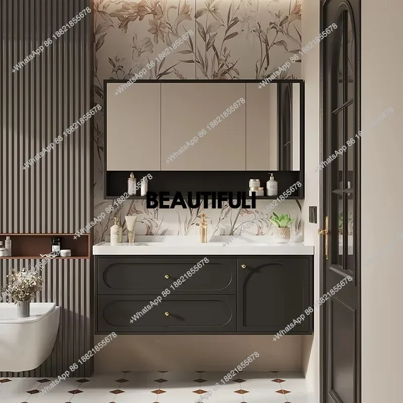 F186 الطلاء البلوط خزانة حمام المرحاض الأمريكي بسيط الأبيض خزانة حمام المرآة البالونية Meuble Salle De Bain Rangement Furni