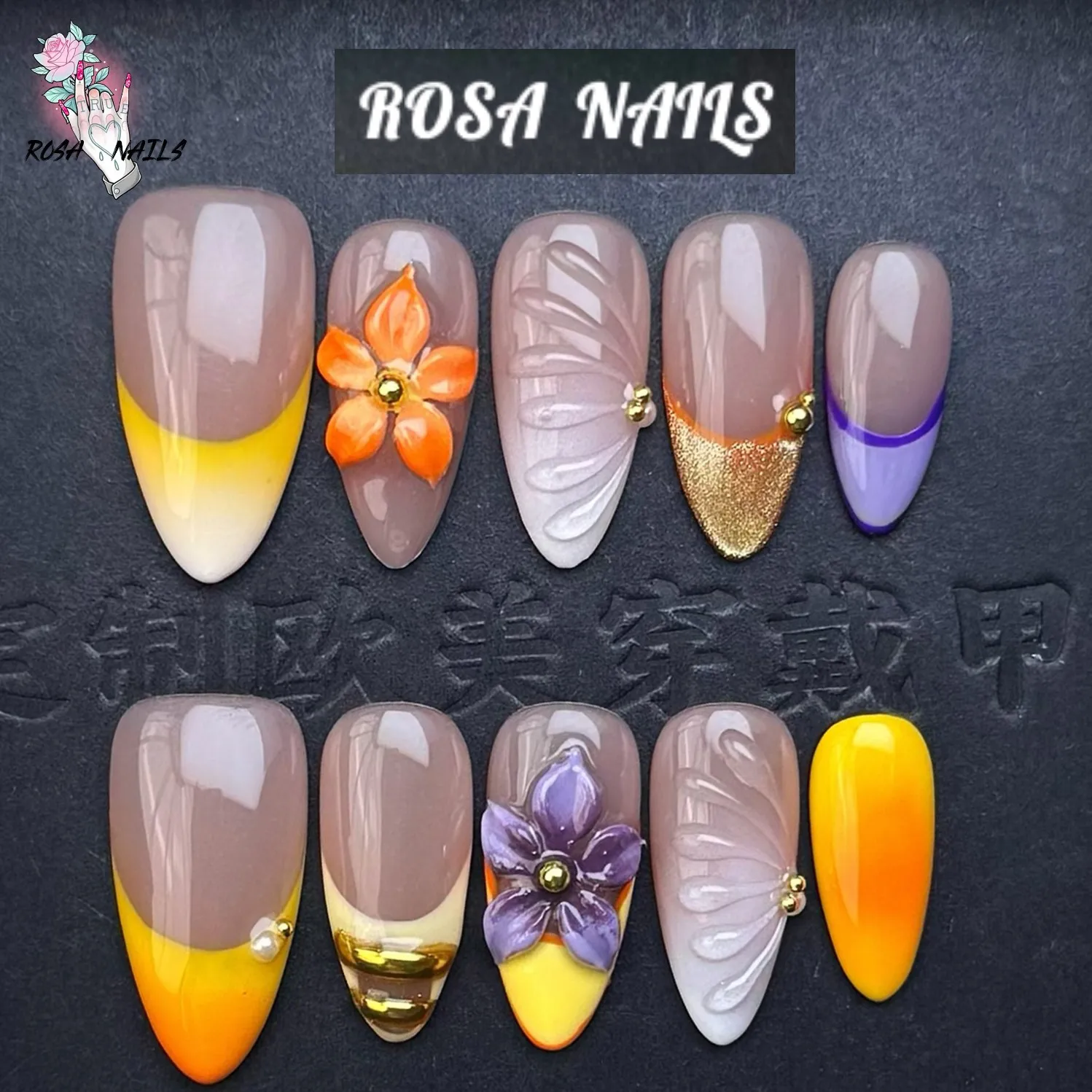 

10pcs Summer French Tips False Nails Cute Medium Almond 3D Orange Flowers Decor Handmade Y2K 3D Flower Fake Nail Press On Nails