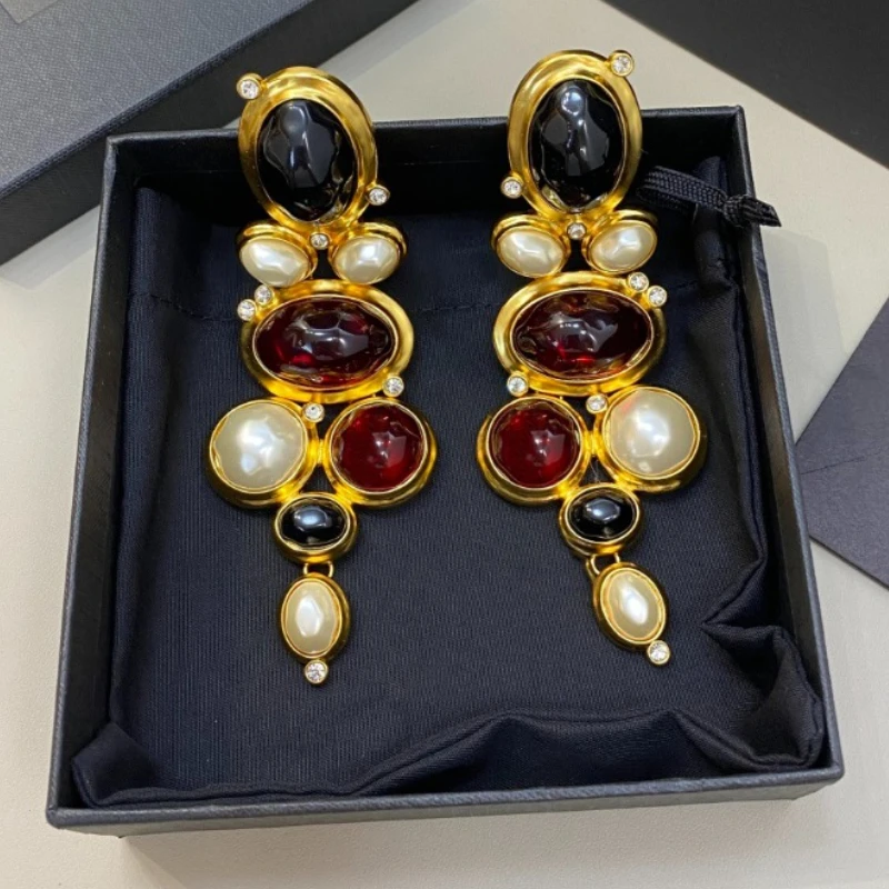 

Europe America Glass Gemstone Pearl Crystal Pendant Earrings Ear Clip Women Top Quality Designer Luxury Jewelry Trend