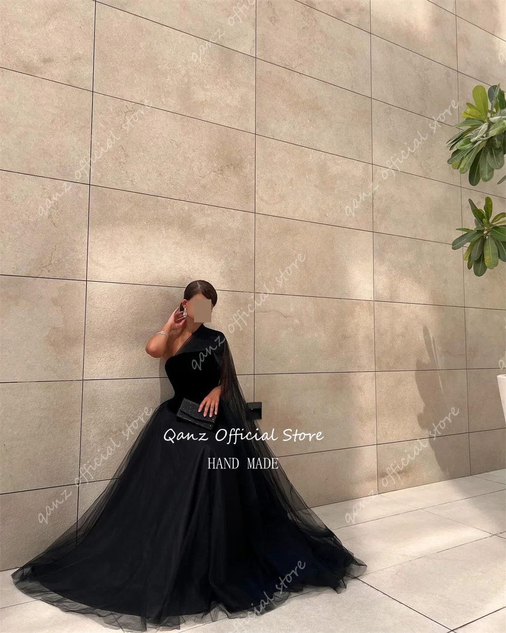 Qanz Saudi Arabia Evening Dresses Black Tulle Long Party Dresses Customized Elegant One Shoulder Abendkleider Luxus 2024 Dubai