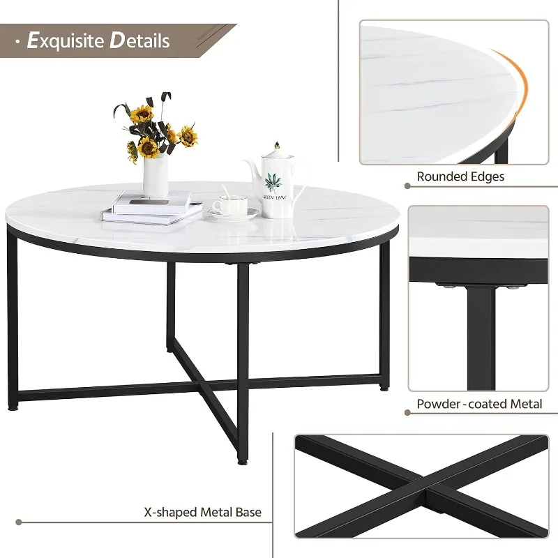 Mesa de centro de mármore falso, mesa redonda moderna com base X e estrutura de metal, mesa central de 35,5 pol. para sala de estar