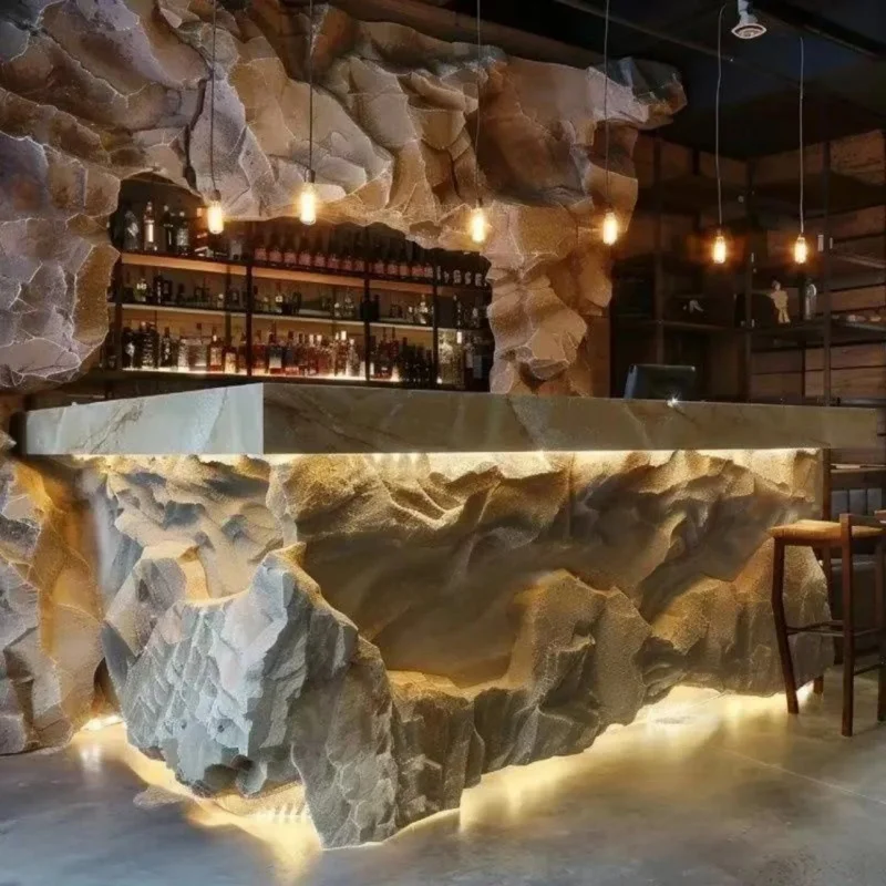 custom.Luxury Custom Stone Look Reception Desk LED Light Modern Design FRP Material QM Hotel Office Building Company L