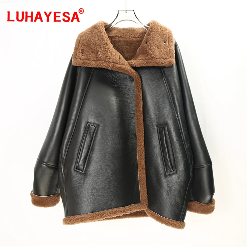 2024 Women Daily Casual Australia Merino Sheepskin Shearling Fur Coat Medium Long Real Fur Genuine Leather Winter Fur Jacket