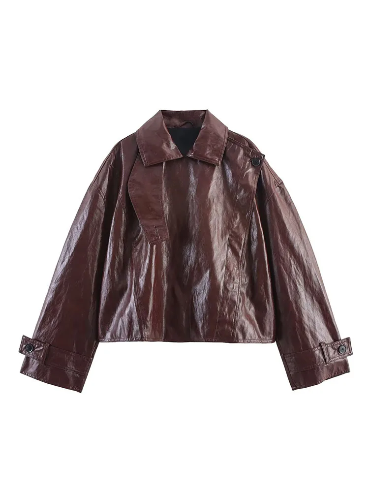 HH Cappotto a maniche lunghe in pelle lucida skinny versatile moda autunnale da donna Giacca elegante casual da vento locomotiva retrò femminile