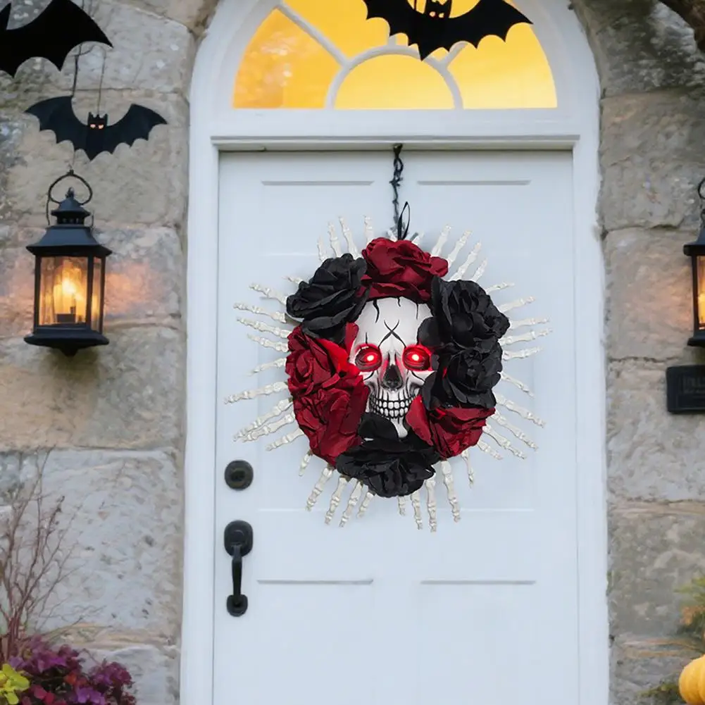 Welcome Wreath for Parties Halloween Skull Wreath for Front Door Skeleton Hands with Black Roses Spooky Halloween Wall Porch