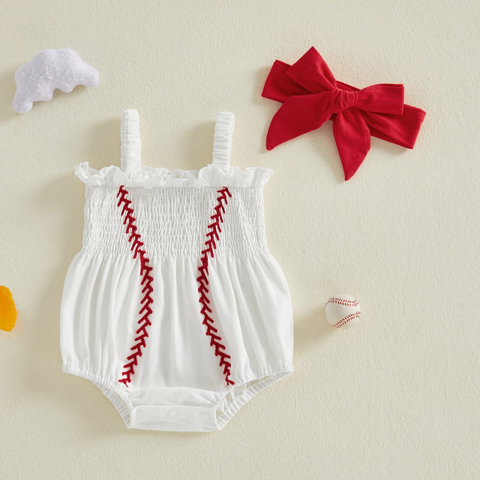 Pakaian Bayi Perempuan Musim Panas, Romper Tanpa Lengan Bordir Baseball dan Headband 2 Pcs Set