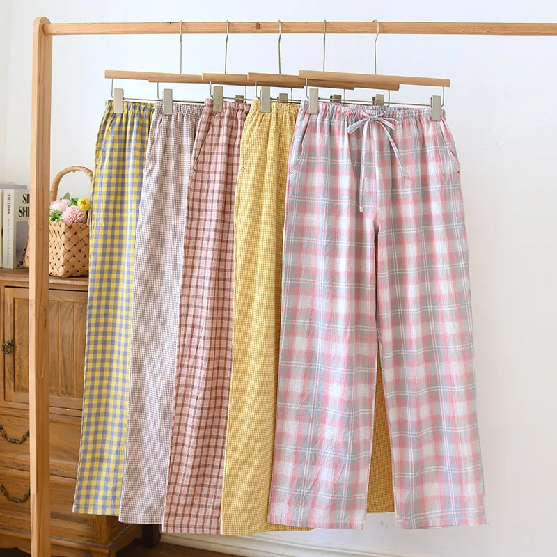 

Новые хлопковые тонкие женские брюки для сна, простые клетчатые повседневные свободные прямые домашние брюки, которые можно носить на улице