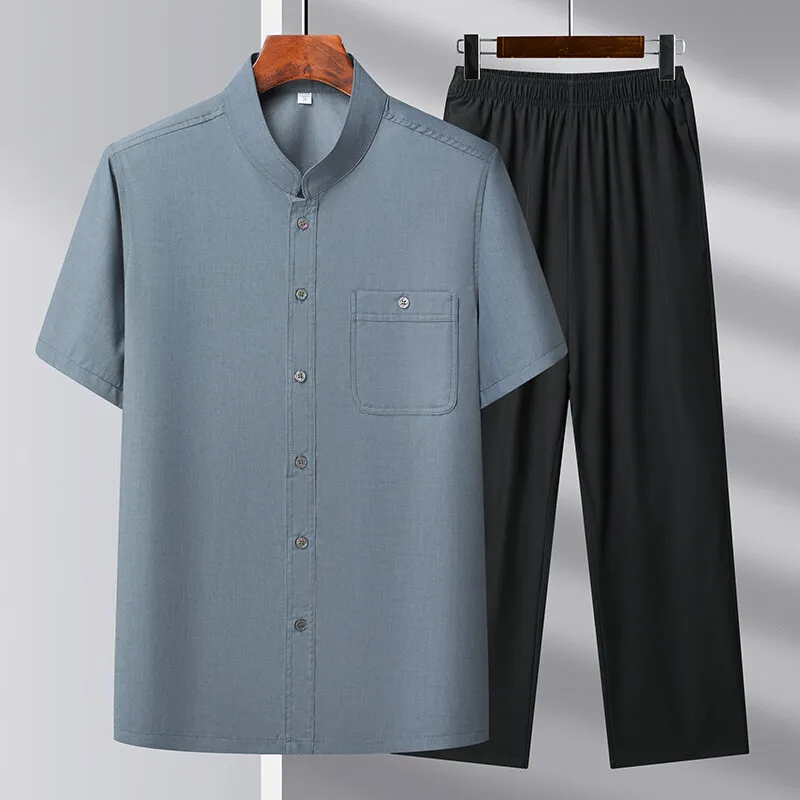 (Camisa + calças) 2025 verão nova moda masculina camisa de manga curta conjuntos dos homens camisas de alta qualidade masculino duas peças M-4XL