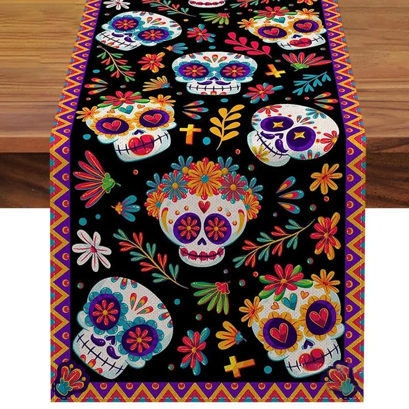 

Mexican Day of The Dead Linen Table Runners Kitchen Dinning Table Decor Sugar Skull Table Runners for Dining Table Party Decor