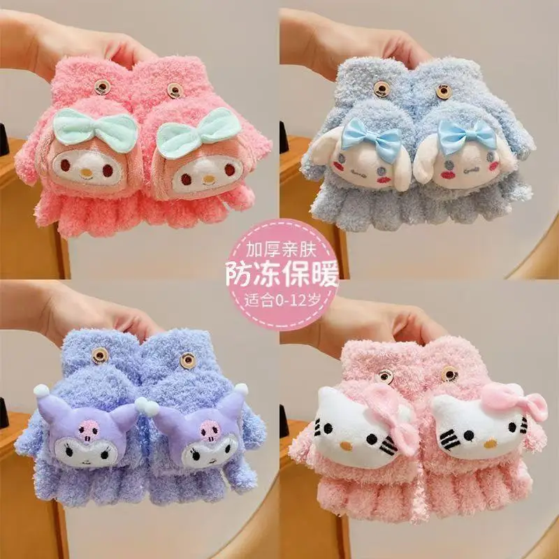 

Kawaii Sanrio Melody Children's Gloves Winter Half Finger Flip Gloves Cute Plush Warm Gloves Girl Gift