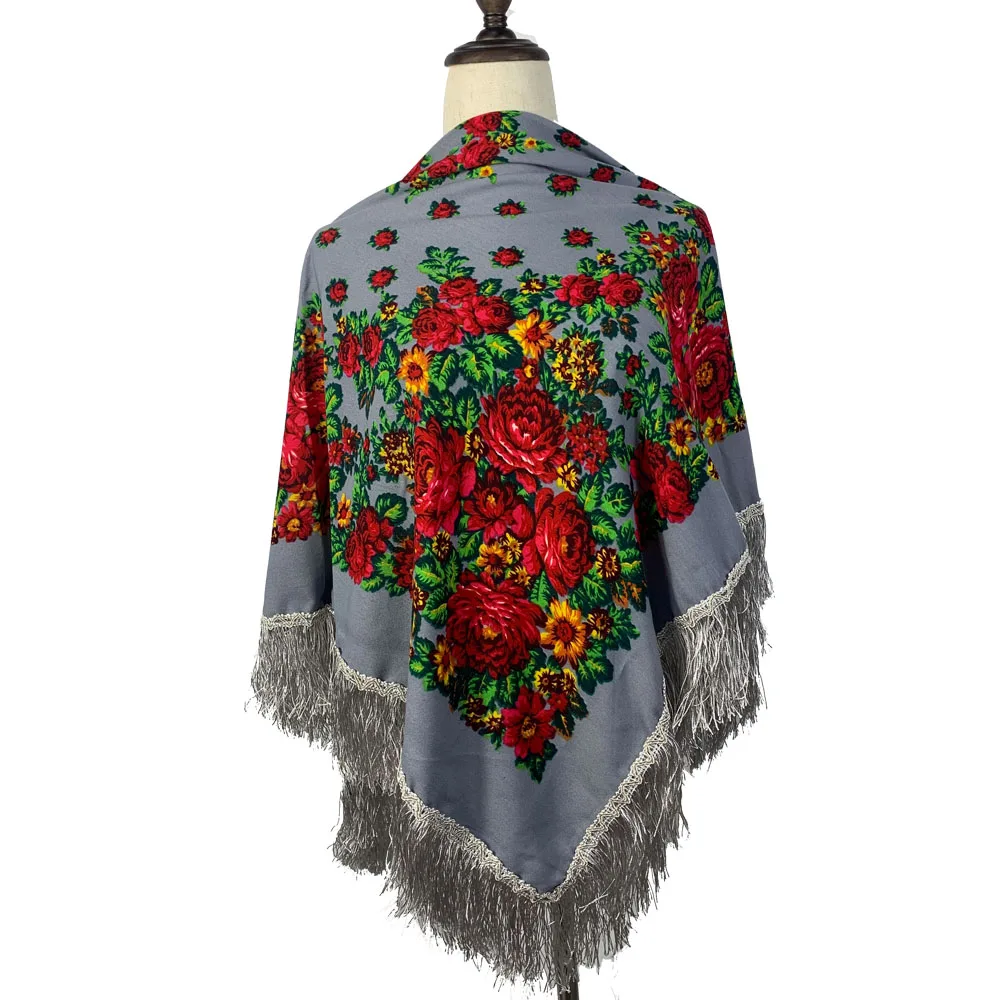 Russian Scarf Women Fringed Square Shawl Ethnic Floral Print Ukraine Scarves Babushka Bandana Handkerchief Blanket Shawls