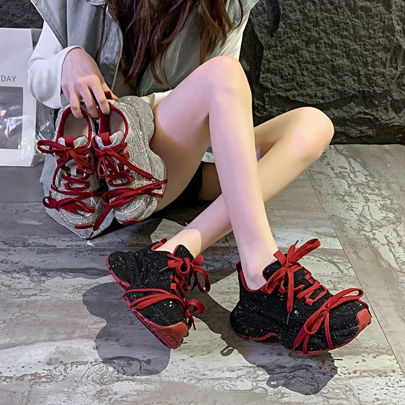 Women Fashion Skate Sneakers Women Thick Soled Shiny Shoes Sequin Increase Height Casual Shoes Luxury designer Lace-up Sneaker