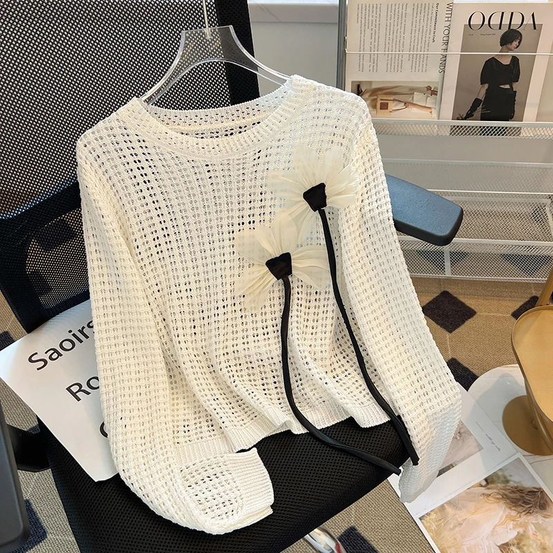 

Women Hollow Out Long Sleeve Knitted Sweater Spring Summer French Chic Flower Decoration O-Neck Top Thin Loose Vintage Pullovers