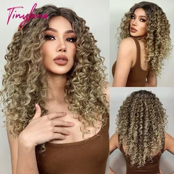 Długie kręcone syntetyczna koronka peruki brązowy blond Highlight 13*1 t-middle częściowo koronka peruka dla czarnych kobiet Cosplay Afro kręcone koronkowe włosy