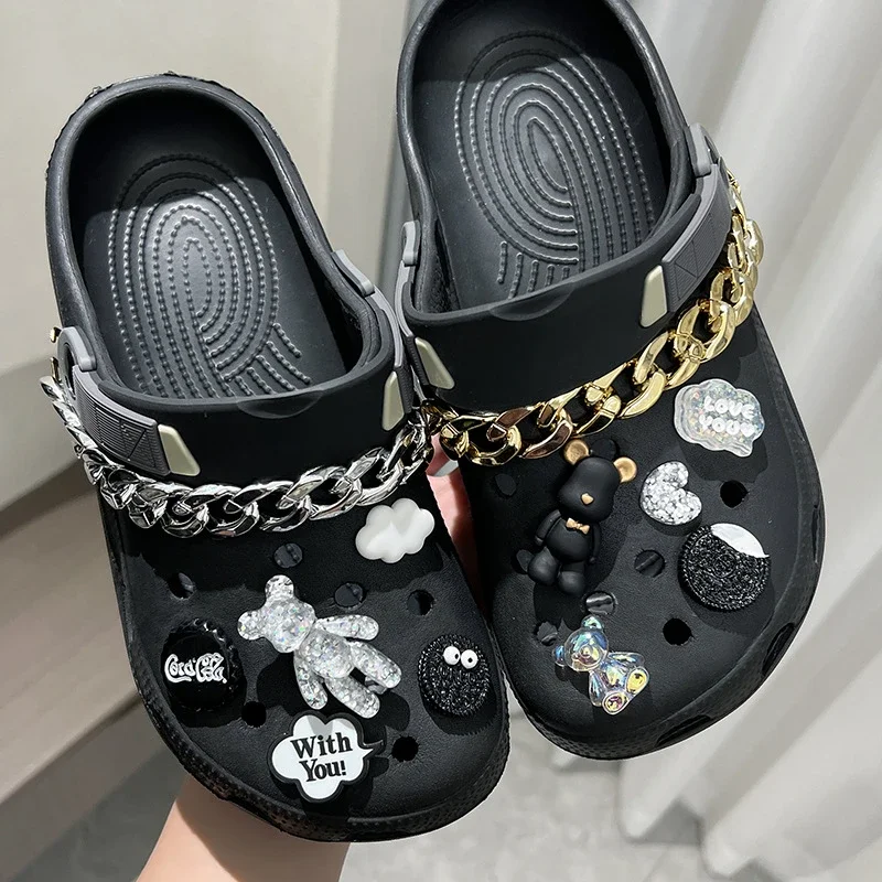 New Cave Shoes Accessories DIY Gold and Silver Chain Teddy Bear Shoe Buckle Student Slippers Decorative Buckle Detachable