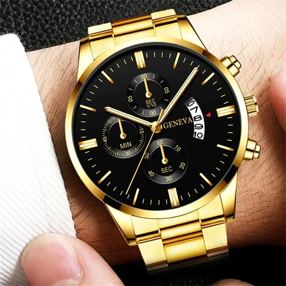 3PCS Set Fashion Mens Calendar Watches Luxury Men Business Gold Stainless Steel Quartz Watch Male Necklace Bracelet Wristwatch