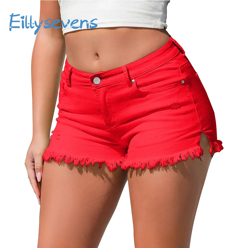 

Womens Frayed Jeans Shorts Summer New Trend Slim Fit Mid Waist Curvy Denim Shorts Sexy Basic Regular All-Match Hot Girl Clothing