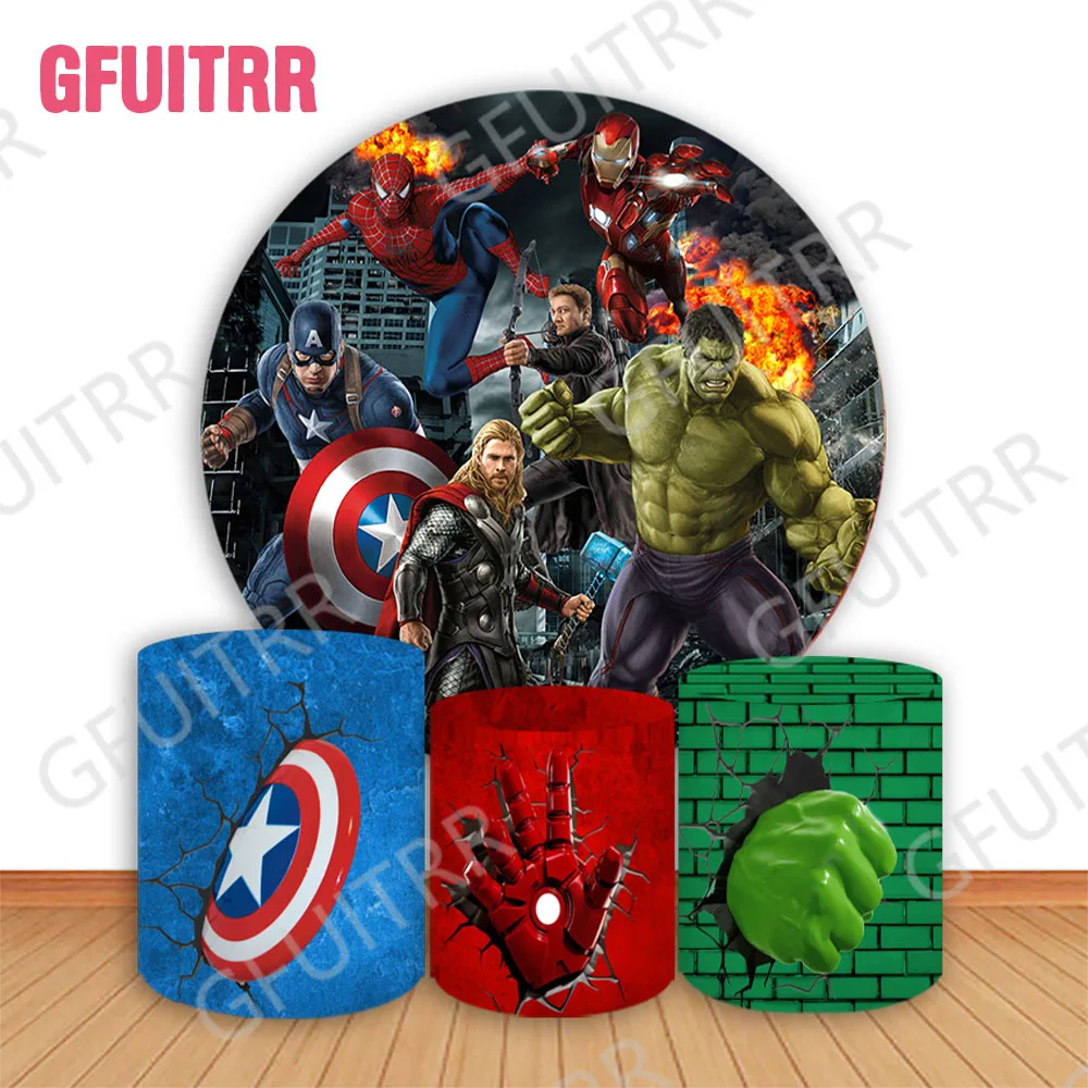 Superheroes Hulk Spiderman Round Backdrop Kids Birthday Party Baby Shower Decor Circle and Cylinder Covers Photo Background