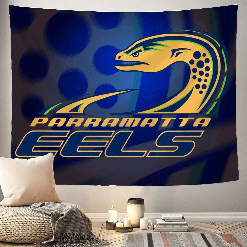 Parramatta Eels Logo-Wandteppich, NRL Rugby-Wandbehang für Gamer-Zimmer, Schlafzimmer und Wohnheim-Dekoration