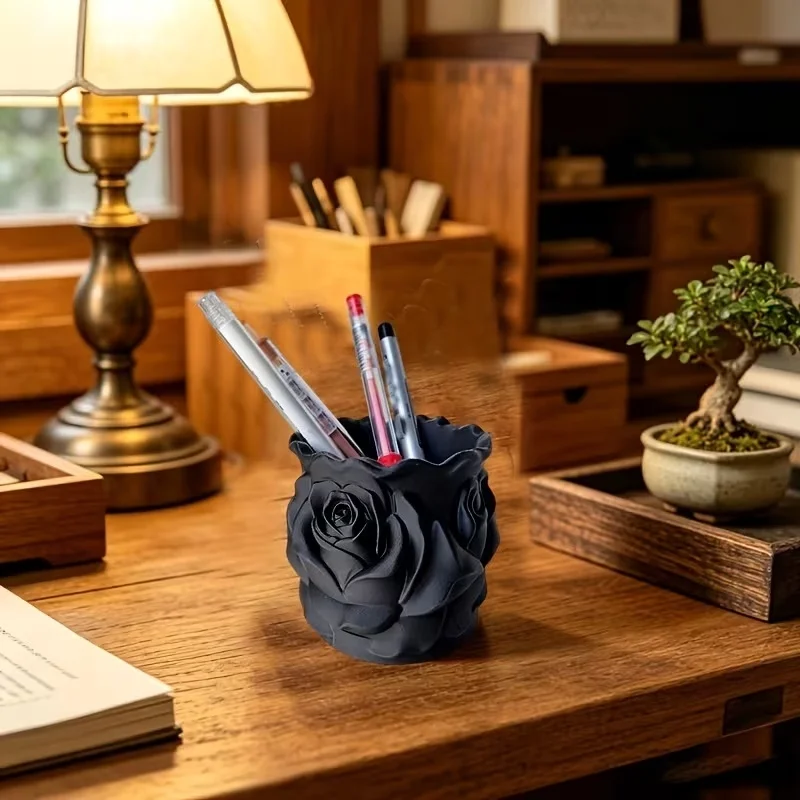 Modern 3D Printed Rose Pen Holder Gothic Flower Makeup Brush Organizer Creative Desk Storage Pot Room Aesthetic Decor
