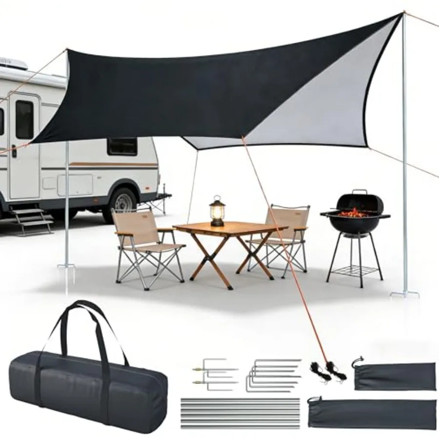 

Camping Tent Tarp for Outdoor Use, Stainless Steel Bracket, Black, PU 20000mm+ Waterproof UPF2000+ Anti-UV Protection, Portable