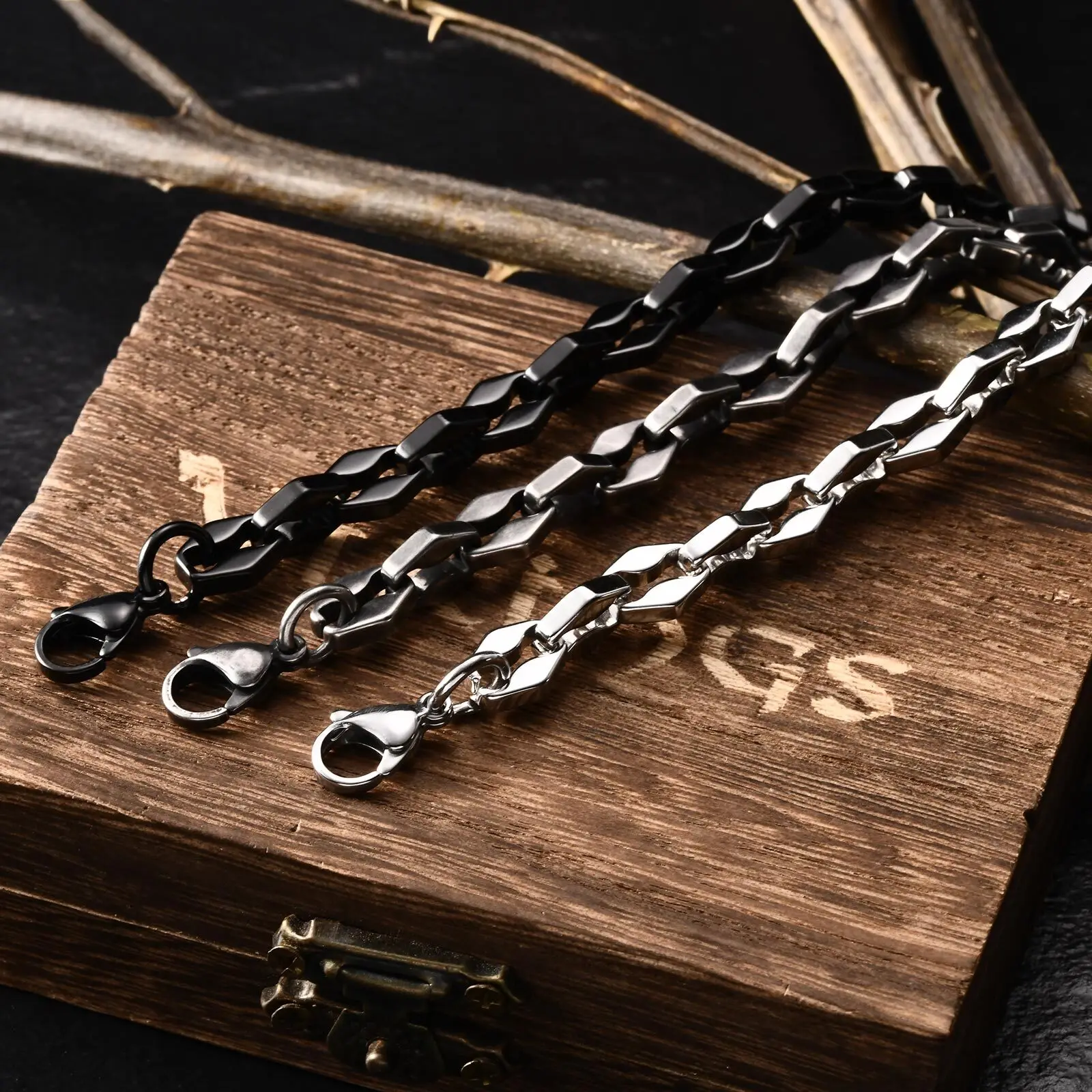 Vnox Chunky Handmade Link Chain Bracelets for Men, Rhombus Links Wristband, Punk Rock Jewelry Gift