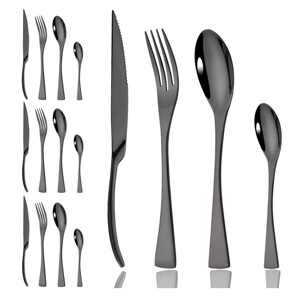 

Black 16Pcs Dinnerware Set 304 Stainless Steel Kitchen Flatware Cutlery Set Steak Knife Fork Coffee Spoon Tableware Silverware