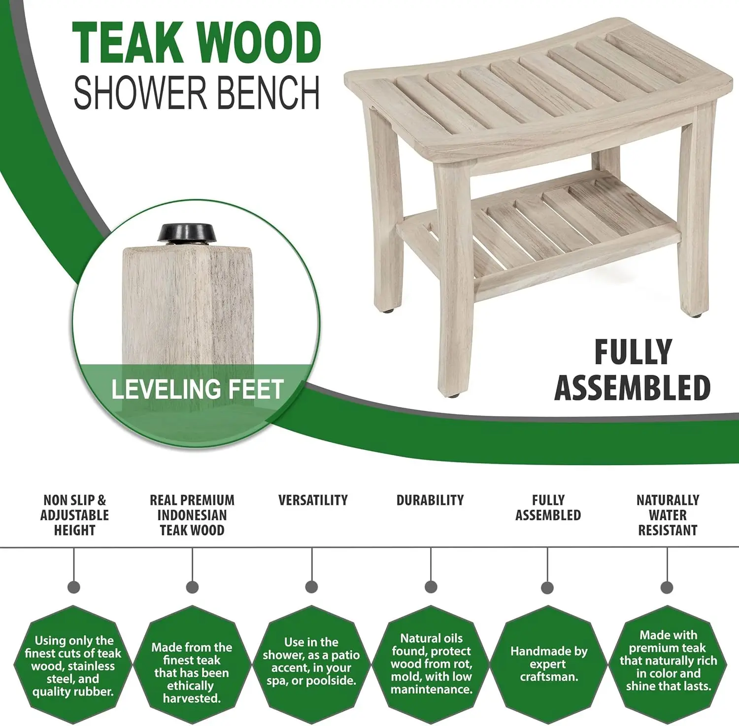 Teak Shower Stool/Bench with Shelf, 21-Inch, Rustic Gray Finish, Patented, Fully Assembled for Bathroom & Spa