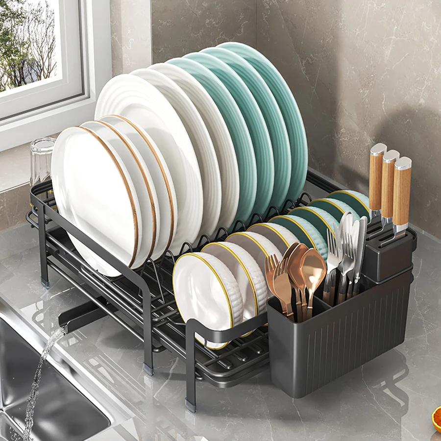 

Large Dish Drying Rack with Drainboard,Expandable Dish Rack for Kitchen Counter, Utensil Holder & Cup Hooks,Rustproof
