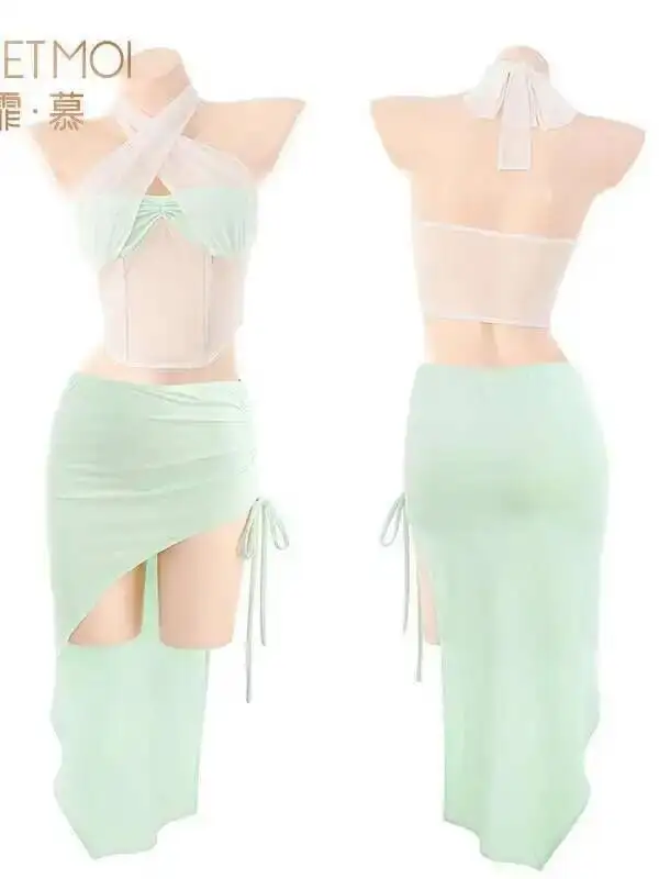 فستان بيجامات برباط مكشوف للأرداف مثير ورغبة نقية فستان أنيق من الدانتيل الشبكي باللون الأخضر 2025 ملابس علوية جديدة VYJ0 #5