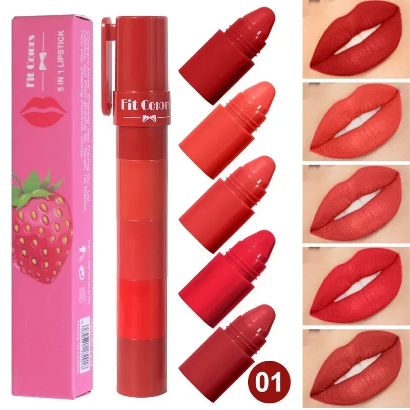 5-in-1 Matte Lippenstift Crayon Kit Combo Rot Lila Lippentönung Samt Sexy Mehrfarbiger Lippenstiftstift Stift Antihaft-Cup Langlebiges Lippen-Make-up