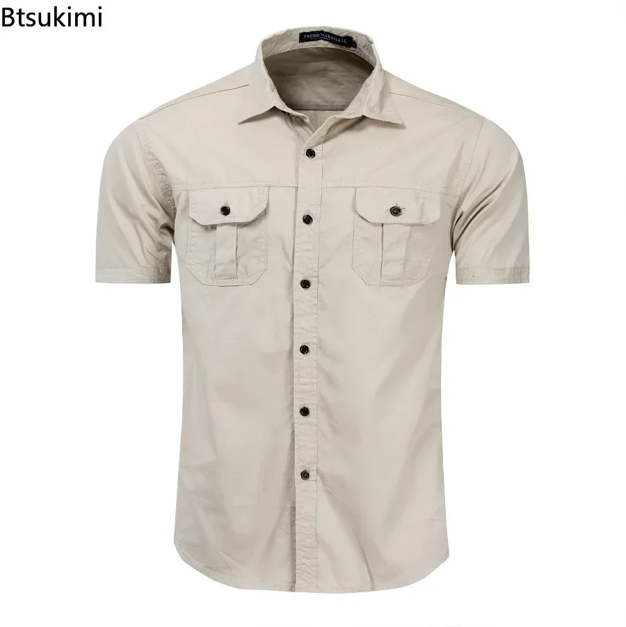 Novo 2025 camisa militar masculina de manga curta verão 100% algodão estilo safari esporte ao ar livre camisas de carga camisa de trabalho masculina simples topos