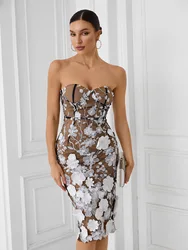 New Sexy Strapless Embroidery Flower Midi Dress Women Blue Sleeveless Floral Slim Dresses Elegant Evening Party Cocktail Gowns