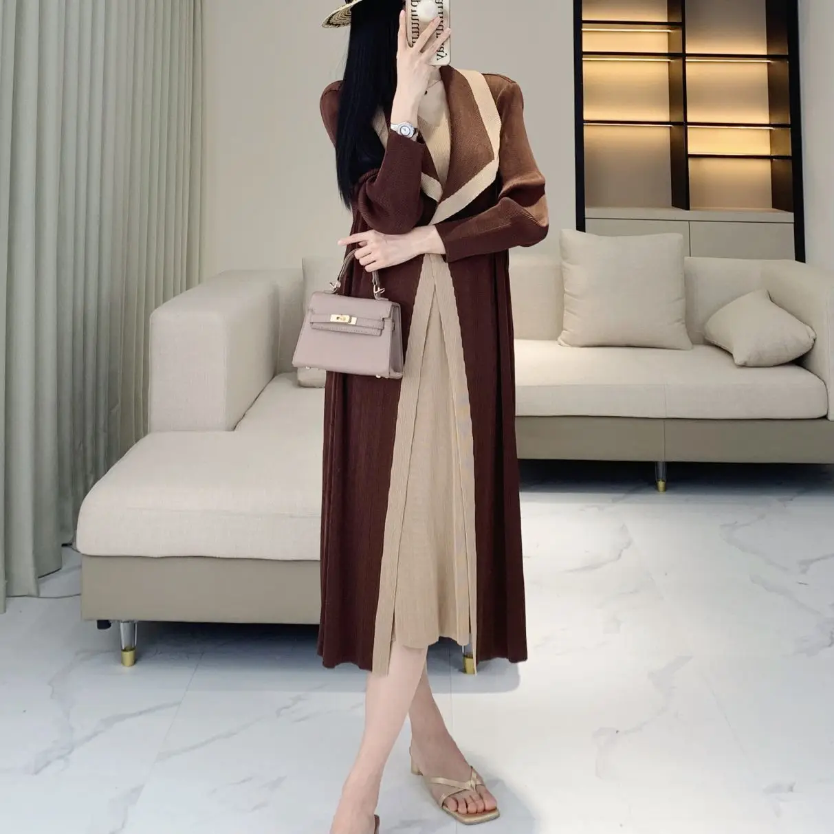 

Pleats Pleated Dresses Commuter Women Fall New Fashion Temperament Loose Thin Hit Color Tie Casual Medium-length Dresses