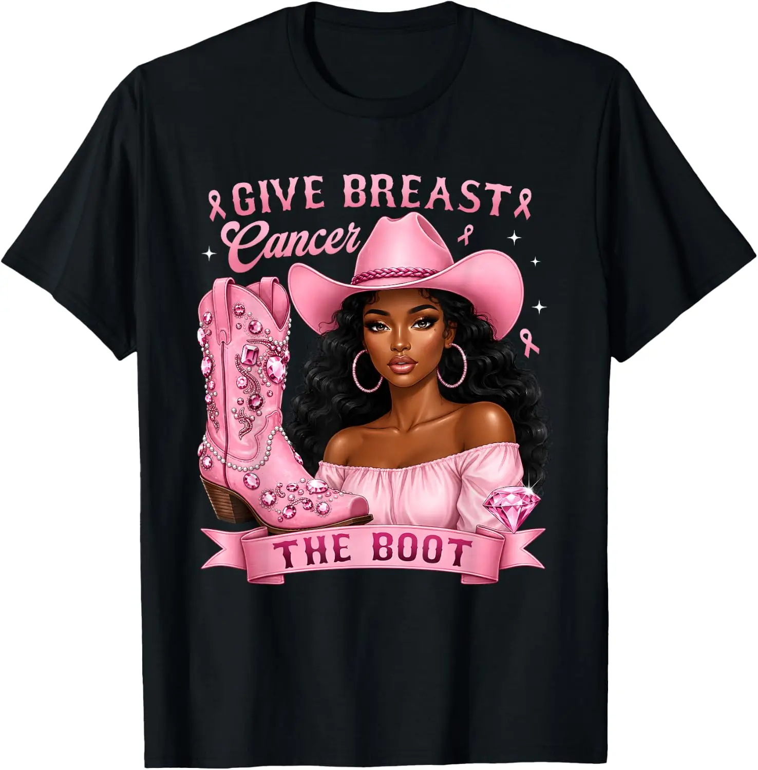 Give Breast The Boot Cowgirl Cancer Awareness Ribbon T-Shirt Versatile, heavyweight pure cotton short-sleeve tee—trendy, thick fabric; a great gift for Christmas or Halloween.