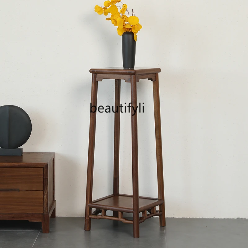 

New Chinese Style Solid Wood Flower Stand Floor Jardiniere Living Room Simple Flower Black Walnut Side Table Storage Rack