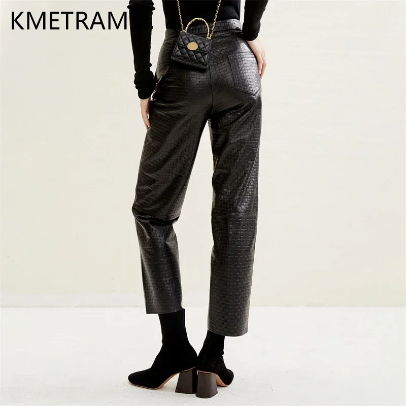 Women Leather Trousers Winter Harajuku Female Chic Slanted Pockets Checkered Embossed Lambskin Straight Pencil Pants Streetwear