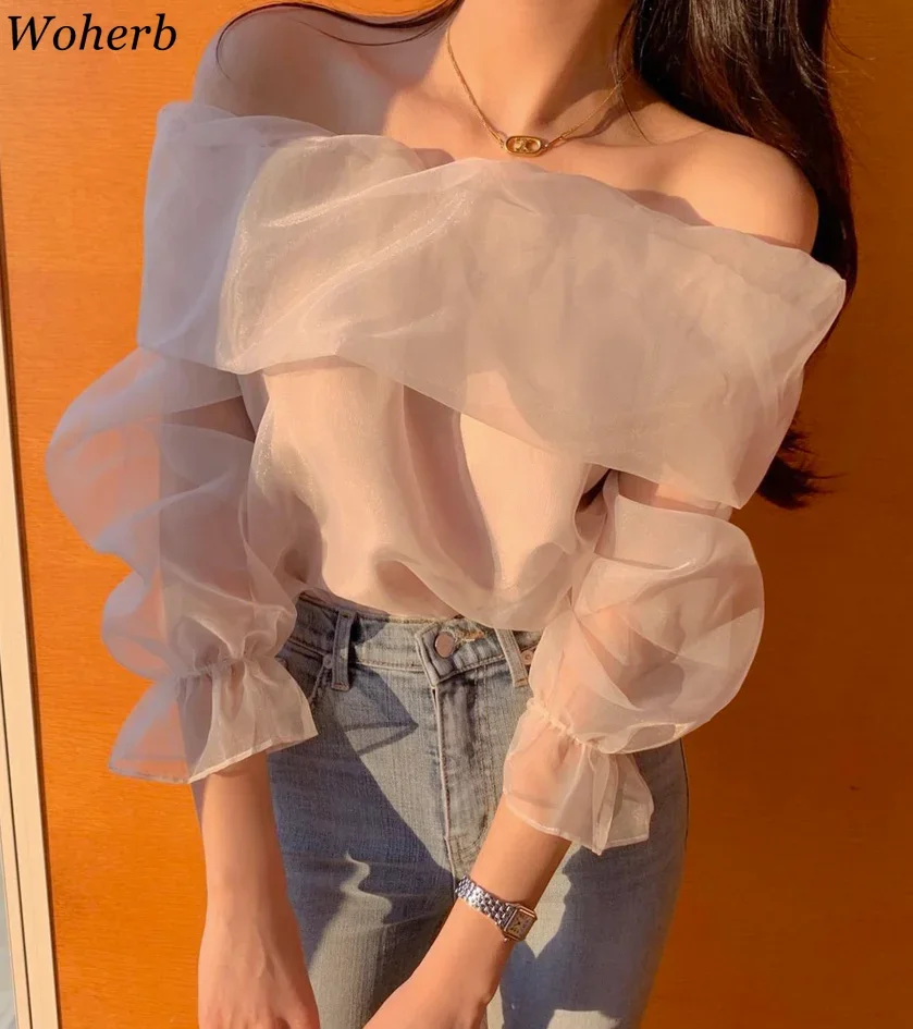 Woherb Slash Neck Long Sleeve Shirt Women Elegant Off Shoulder Korean Chic Blouse See Through All-match Tops Blusas Mujer