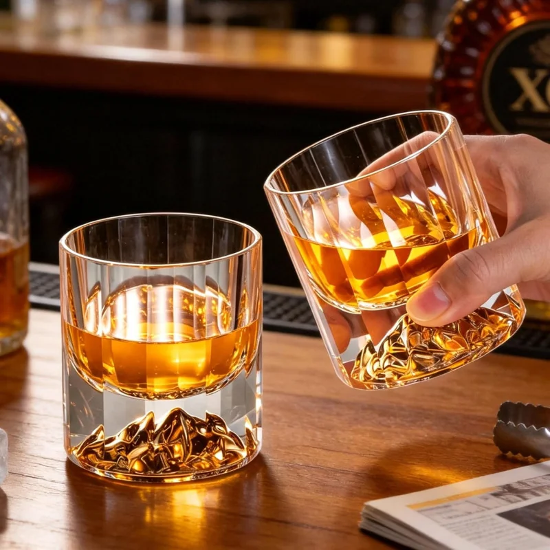 Luxury Whiskey Glasses Golden Mountain Bottom Hexagonal Geometry Crystal Tumbler Cup Soju Vodka Scotch Whisky Mug Dropshipping