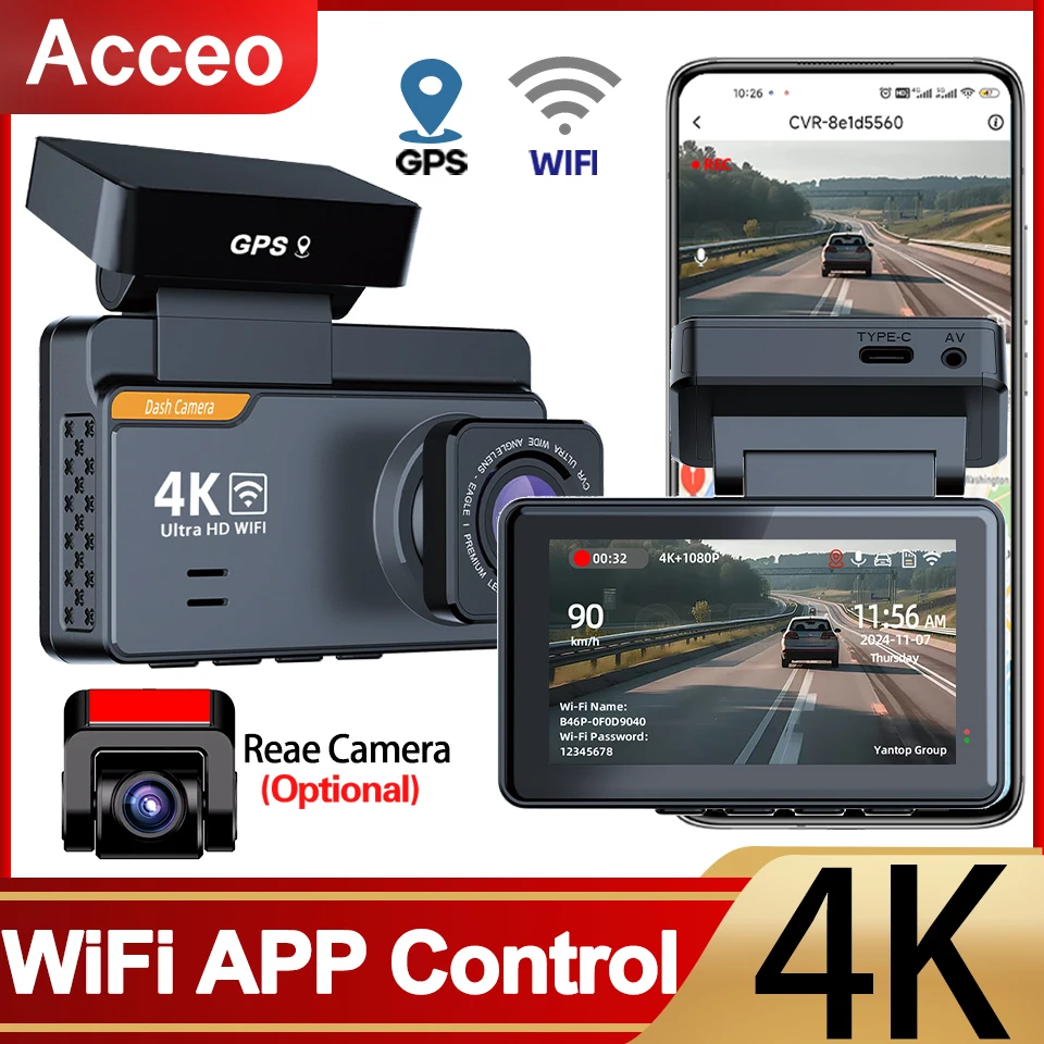 4K Car Dash Cam Optional 1080P Rear Camera Car DVR Video Recorder Night Vision Loop Recording Parking Monitor Black Box