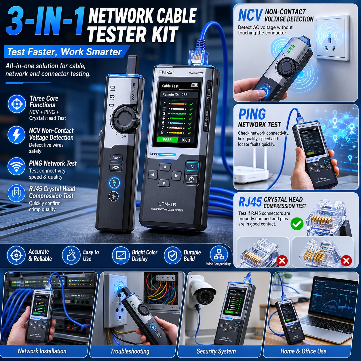 FNIRSI LPM-10 Multifunction Network Cable Tester Tracker RJ45 RJ11 Anti-interference POE Test Port Flash NCV Len Test LAN Tool