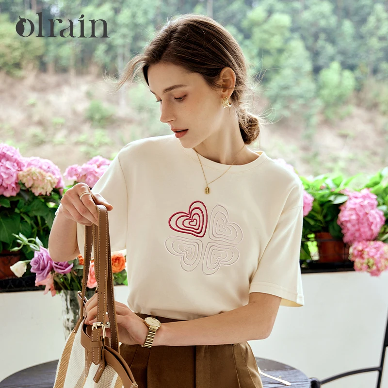 

OLrain Cotton Knit T-shirt Women Summer Spring 2025 Embroidered Short Sleeve Round Neck Pullovers Loose Casual Tees O24XT80605