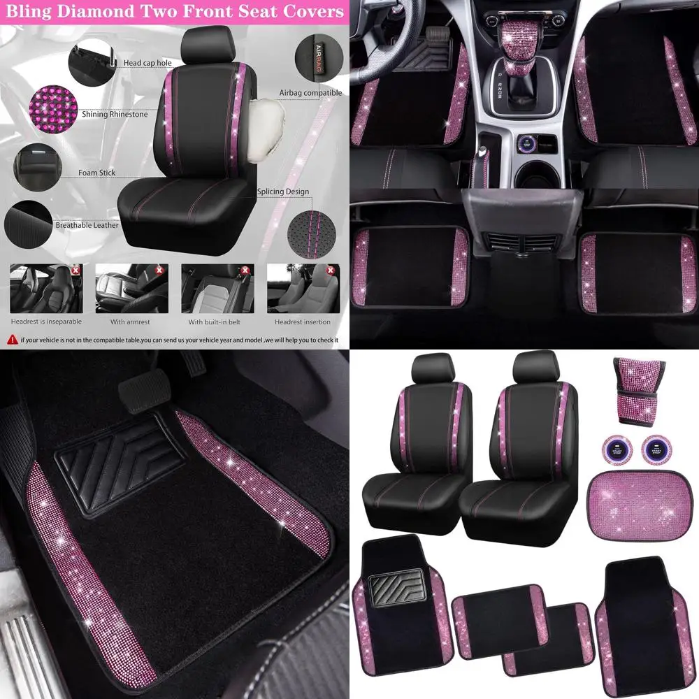 

Glittering Crystal Car Seat Covers & Floor Mats - Anti-Slip, Diamond Patterned, Pink Bling Car Accessory Set