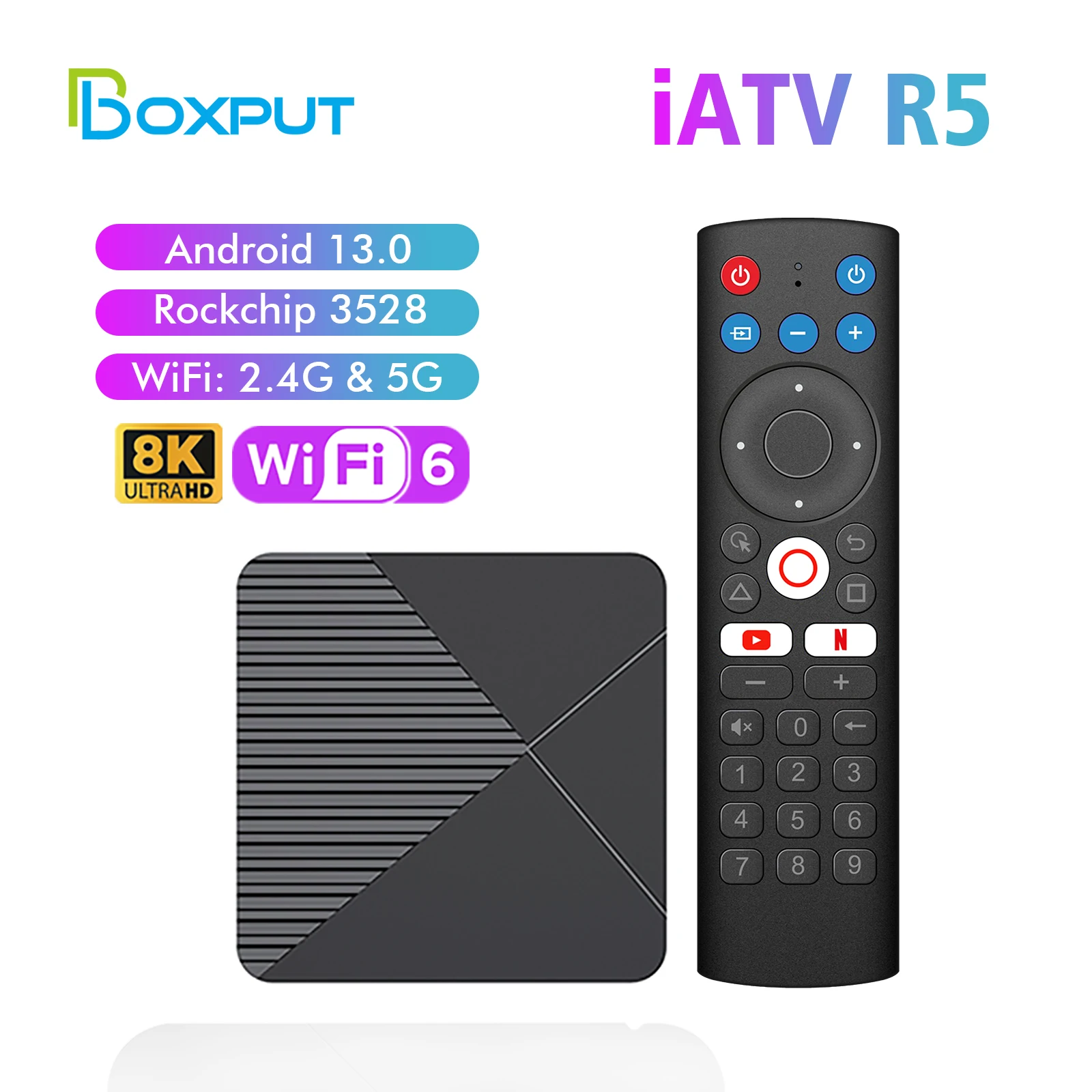 

BOXPUT Android 13.0 TV Box iATV R5 RockChip RK3528 8K Smart TVbox 2G/16G 2.4G/5G WiFi6 BT5.0 100M Global Media Player Set Top