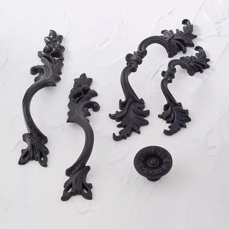 Matte Black Kitchen Cabinet Handles European Style Wardrobe Pulls Retro Drawer Knobs Zinc Alloy Furniture Handles