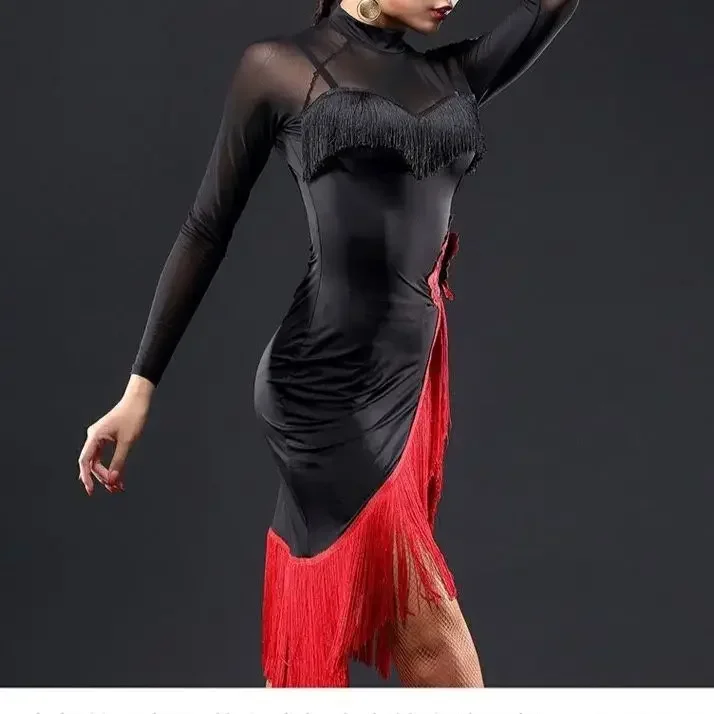 New Women Dresses Big Red Flower Tassel Dance Skirt Latin Dancing Long Sleeve Dress Latina Black Sexy Girls Adult Costume Rumba