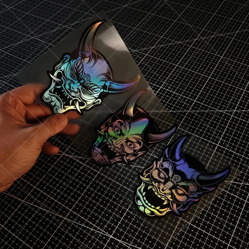 Vintage Tattoo Style Japanese Hannya Mask Car Stickers, Iridescent Rainbow Reflective Demon Head Vinyl Decal Suitable For Car, M