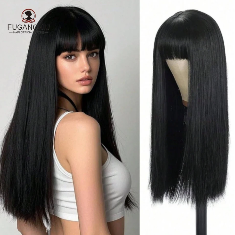 

FGX-Распродажа, черные длинные прямые парики из 100% человеческих волос с челкой для женщин, бразильские волосы Remy, полностью машинное производство, повседневные парики