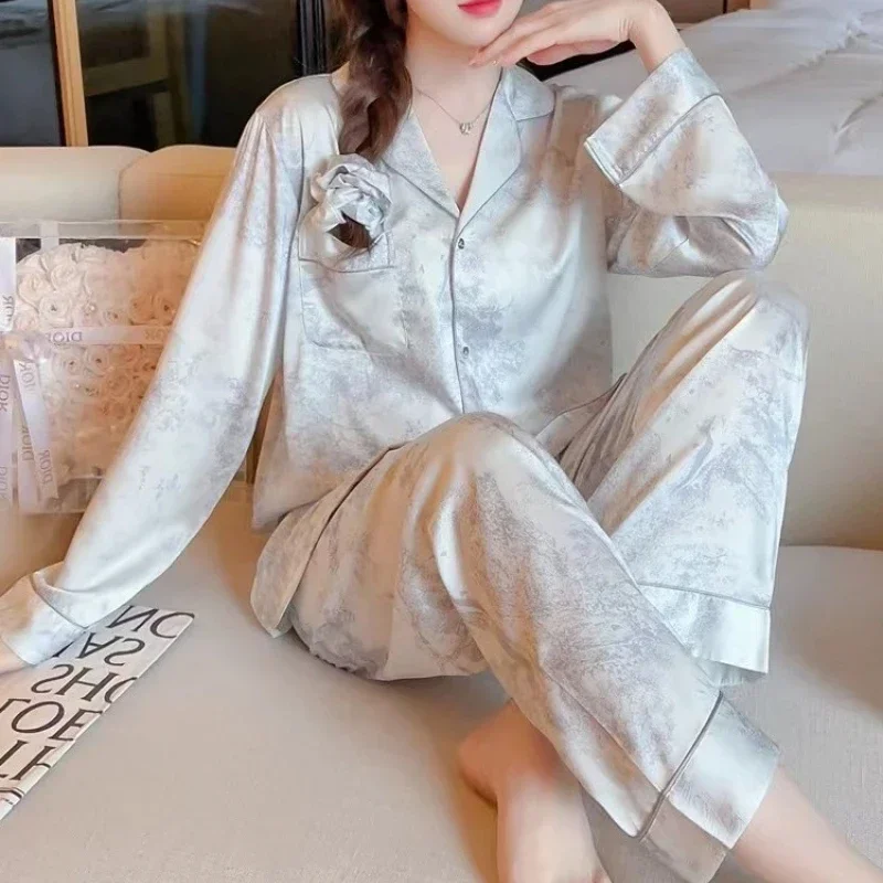 M-5XL Loose Brand Women Pajamas Set Luxury Sleepwear Print Smooth Faux Silk Pajama Set Home Clothe Nightclothes Summer Outfits