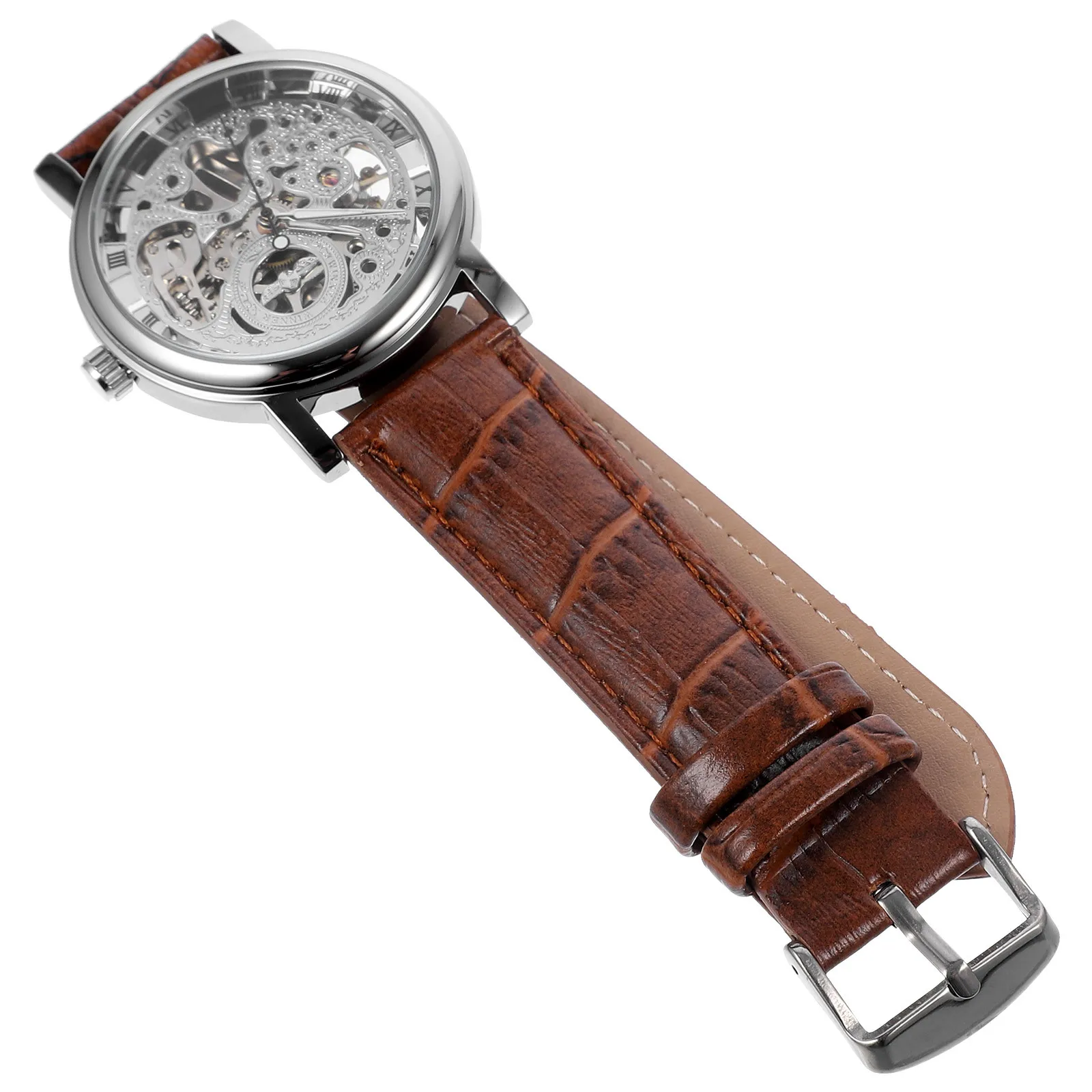 

Mechanical Men'S 036 Silver+Brown Alloy Stainless Steel Hollow-Out Round Dial Manual Winding Movement Pu Band